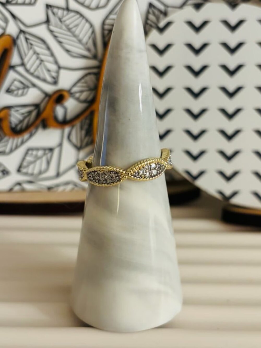 Boutique Gold & Hematite CZ Dainty Ring - Size 9